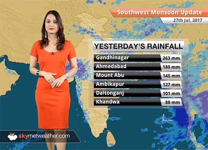 Monsoon Forecast for Jul 28, 2017: Heavy rain in South Rajasthan, West MP, flood hit Gujarat