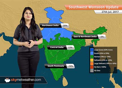 Monsoon Forecast for Jul 28, 2017: Rain in Gujarat, Rajasthan, Uttar Pradesh, Madhya Pradesh